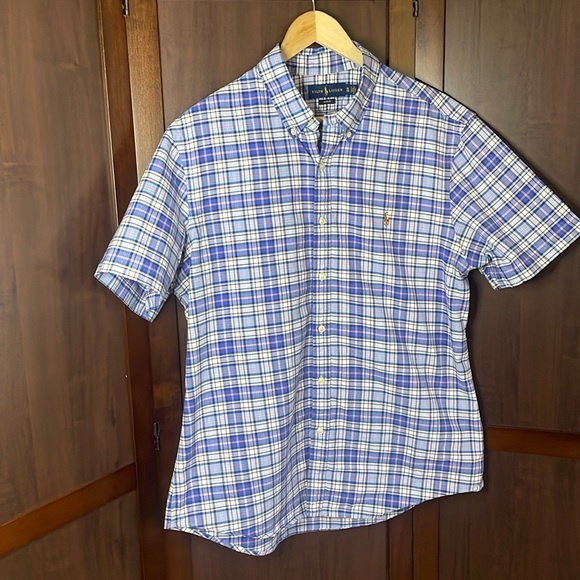 Ralph Lauren Men's Short Sleeve Blue Slim-Fit plaid Embroidered Shirt Sz XL‎ - Picture 1 of 8